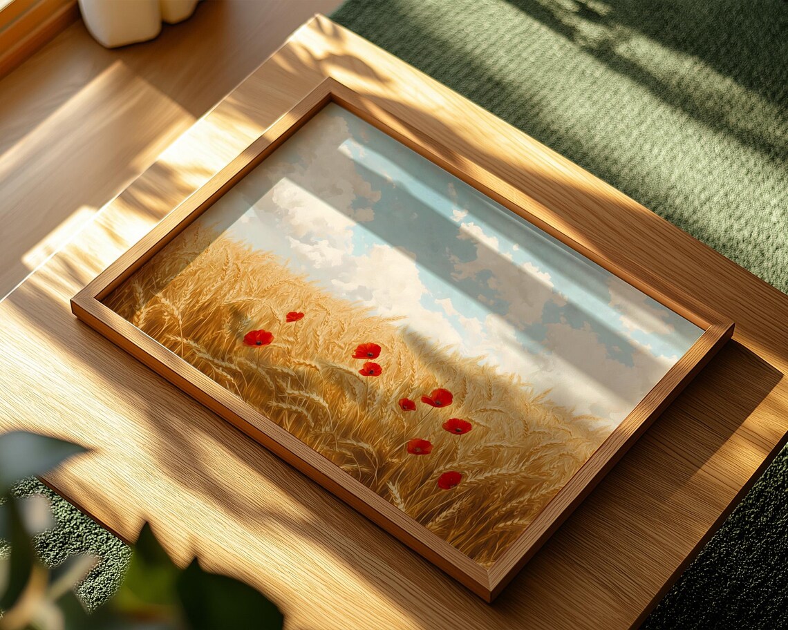 Golden Wheat Field Red Poppies Summer Landscape Oil Painting Poster - Image 2