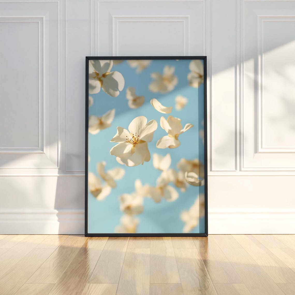 Dreamy White Spring Blossom Flowers Floating in Blue Sky Poster