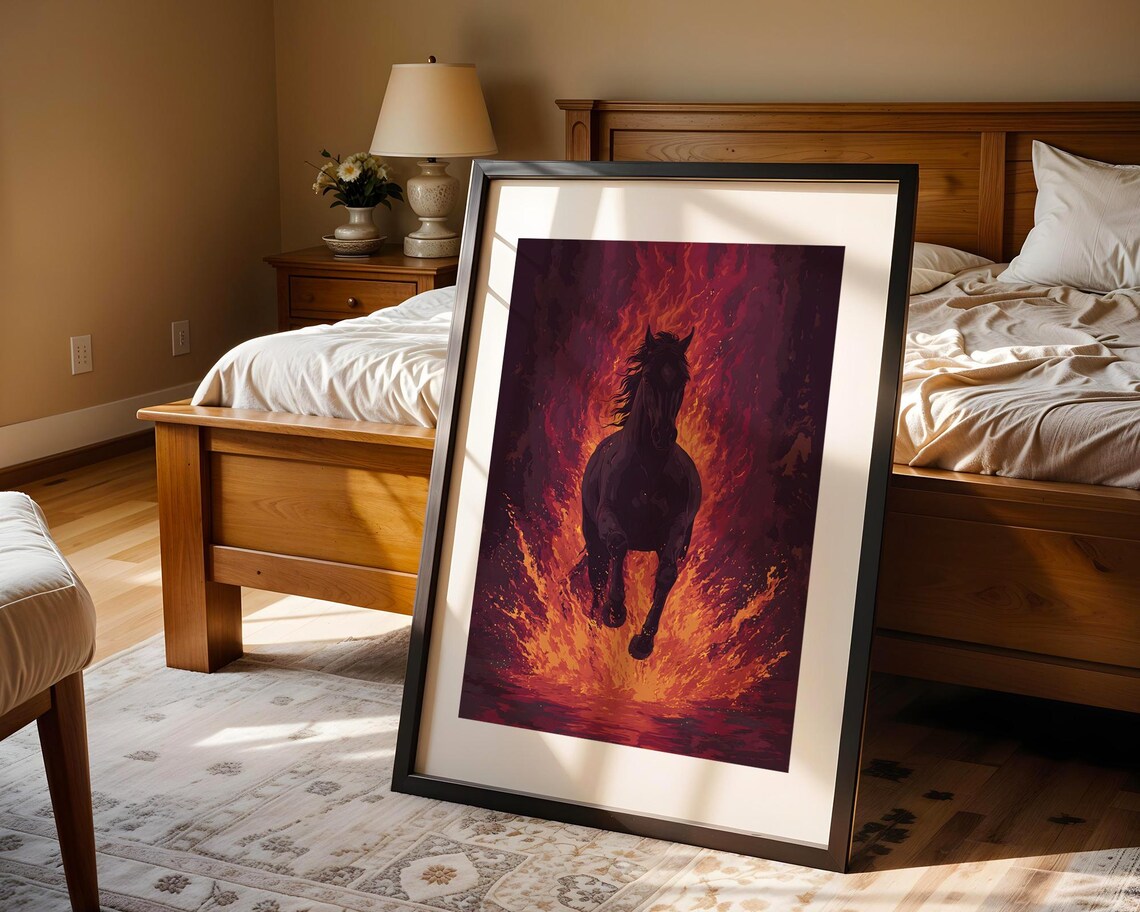 Wild Black Horse Running Through Flames Digital Painting Poster - Image 4
