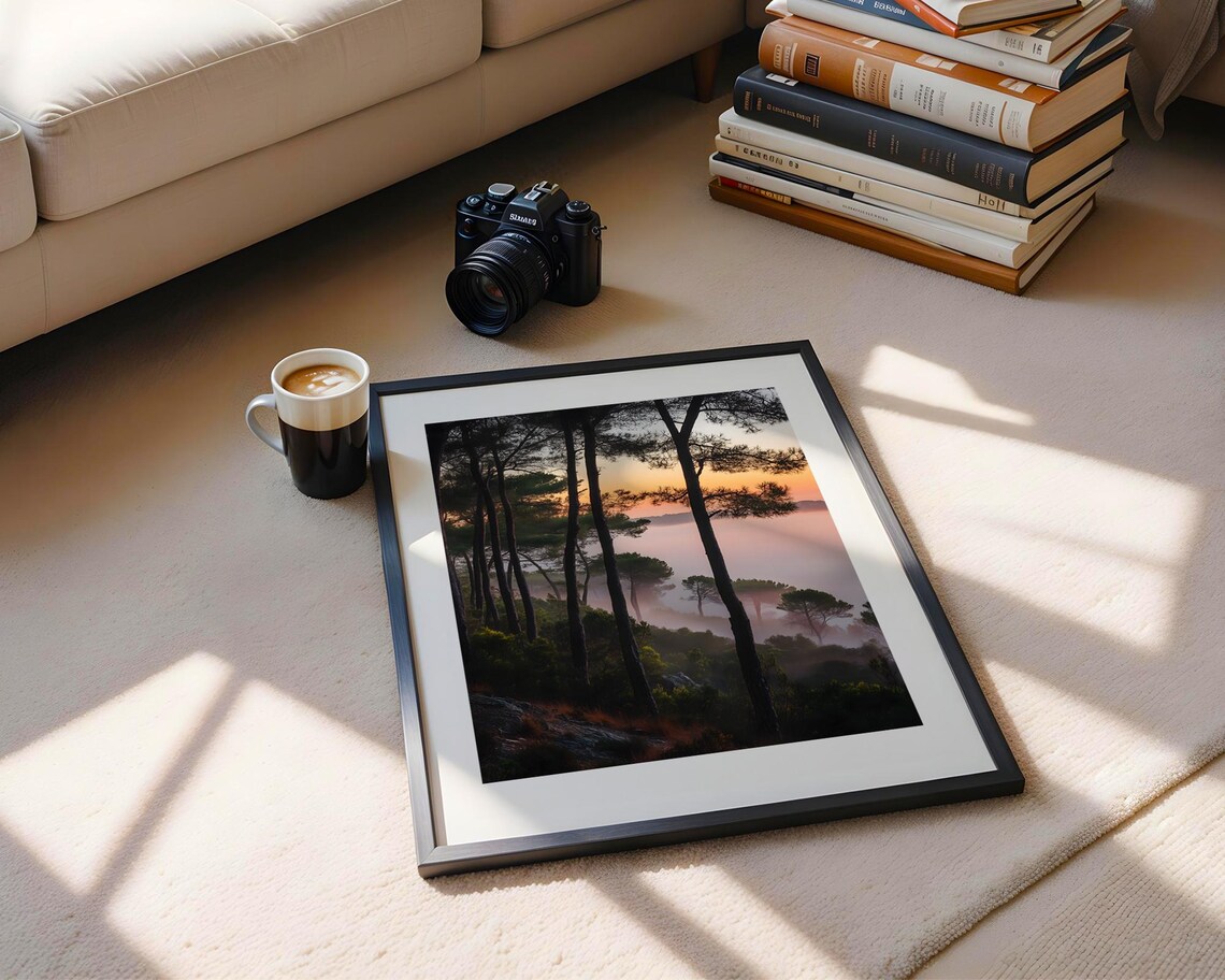Atmospheric Misty Pine Forest Sunrise Foggy Valley Landscape Poster - Image 5