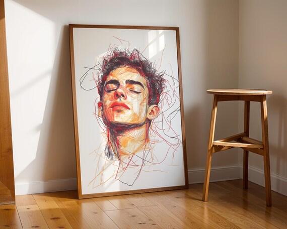 Abstract Male Portrait Colorful Line Art Contemporary Drawing Poster