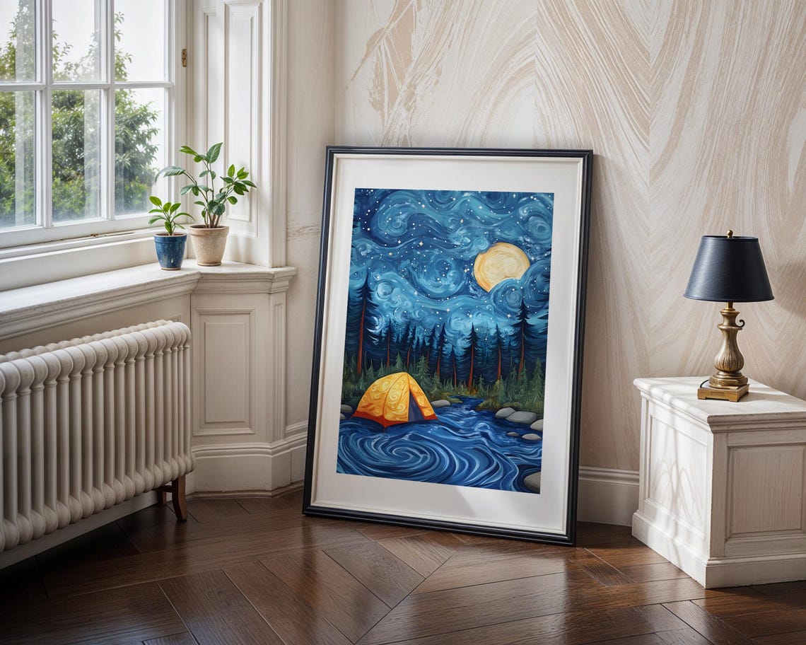 Starry Night Camping Wall Art Print Vibrant Tent Under Moonlit Sky Illustration Dreamy Adventure Landscape Nature Lover - Image 4