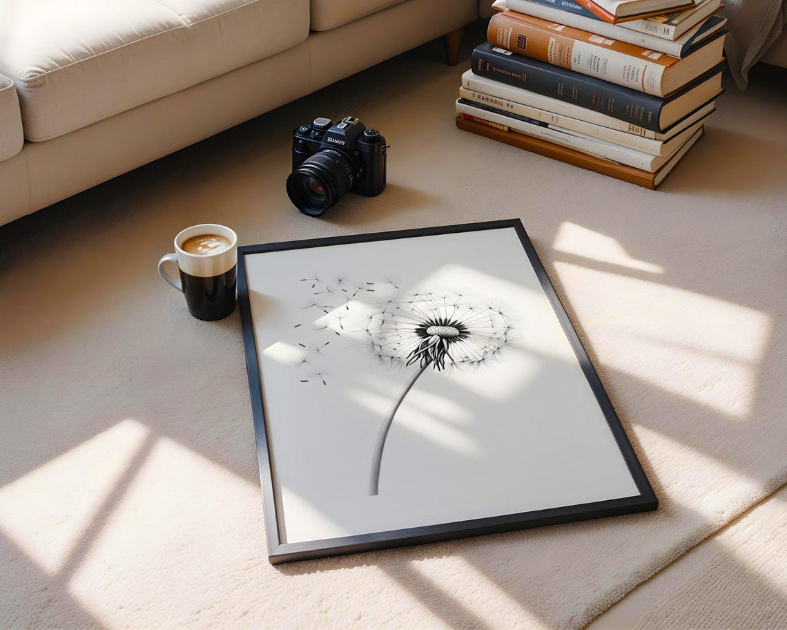 Dandelion Seed Head Blowing Delicate Monochrome Nature Sketch Poster - Image 5