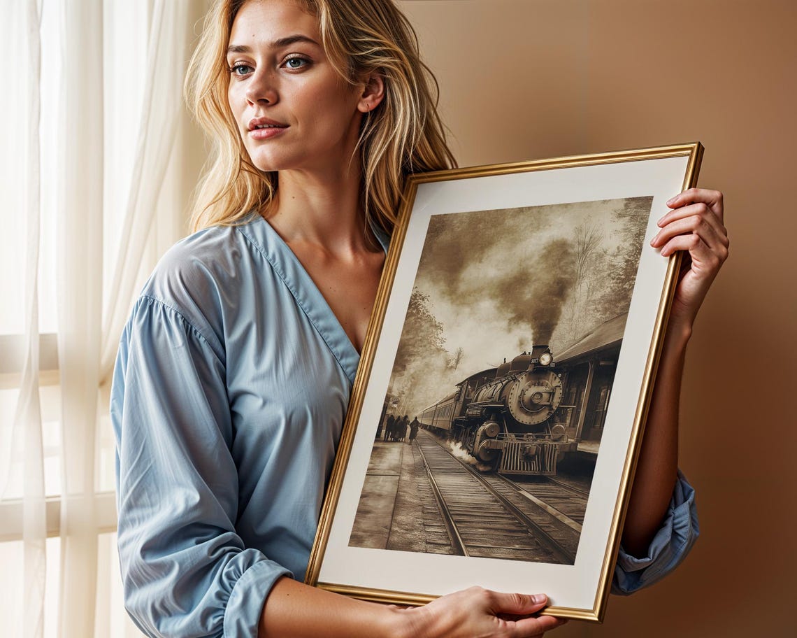 Vintage Steam Train At Historic Station Rustic Railway Painting Poster - Image 2