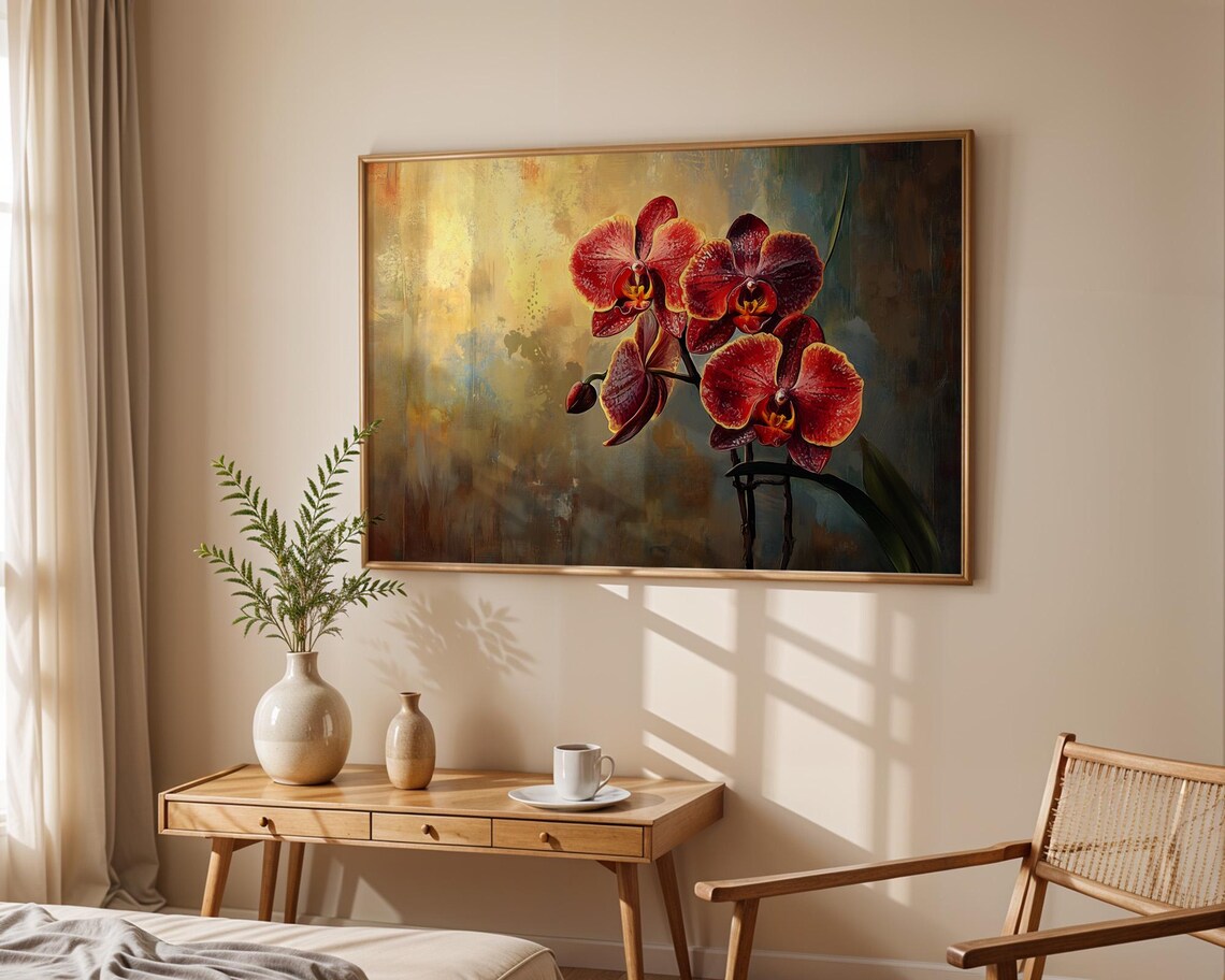 Red Orchid Blooms Golden Dark Background Elegant Floral Art Poster - Image 5