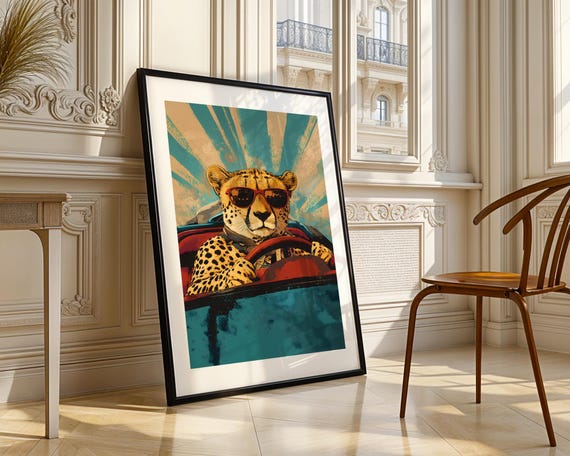 Cheetah Driving Vintage Convertible Car Retro Pop Art Illustration Trendy Wall Modern Prints Room Decor Print