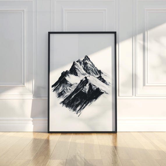 Minimalist Mountain Charcoal Sketch Wall Art Print Abstract Landscape Drawing Trendy Poster Modern Home Decor