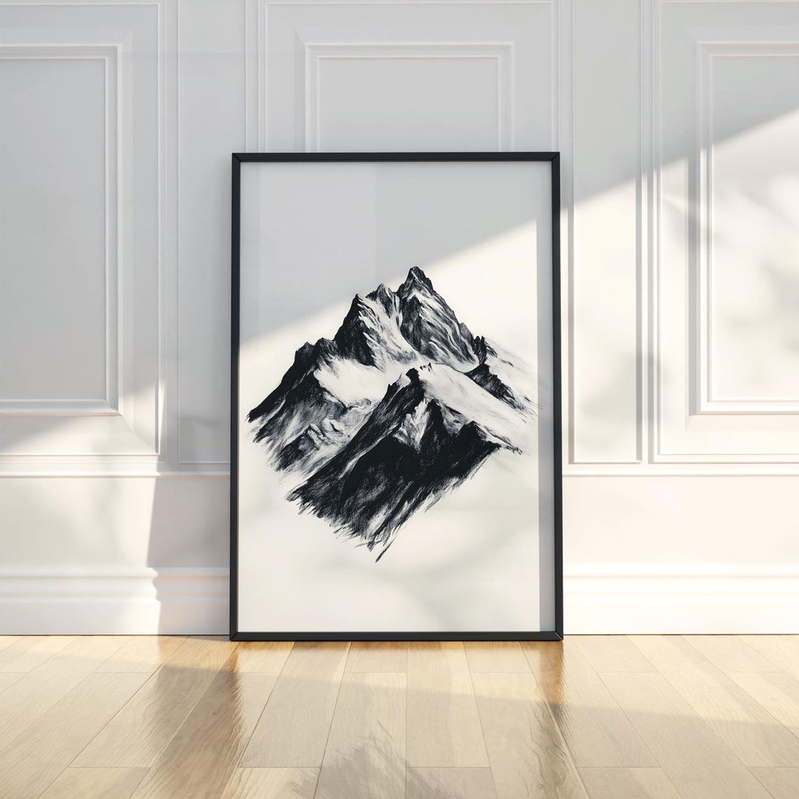 Snowy Mountain Peak Black Charcoal Sketch Minimalist Nature Poster