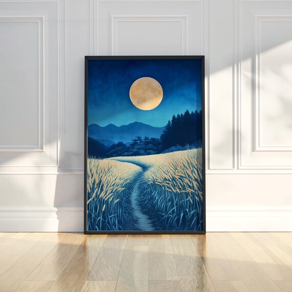 Calm Full Moon Over Golden Field Blue Night Landscape Poster