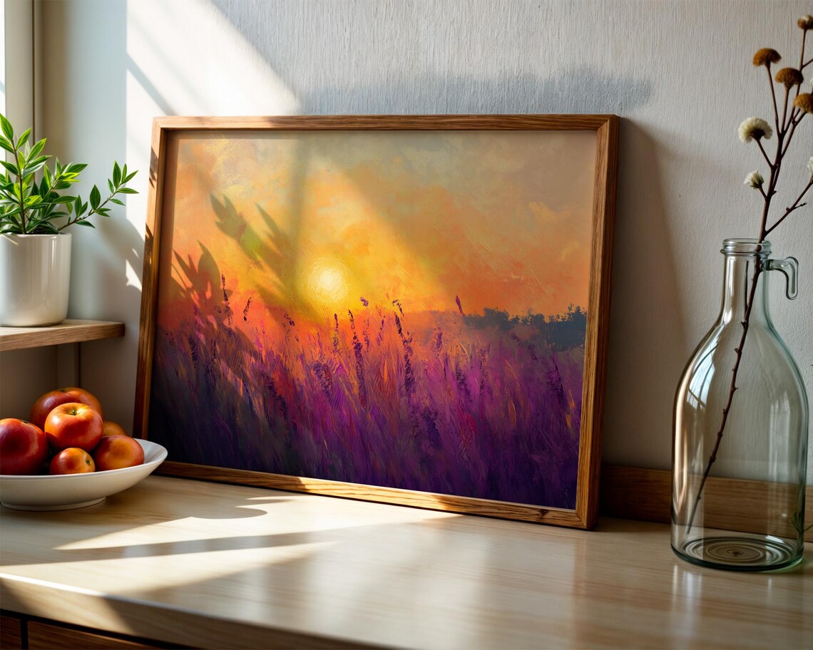 Orange Sunset Meadow Tall Grass Silhouette Warm Golden Art Poster - Image 2