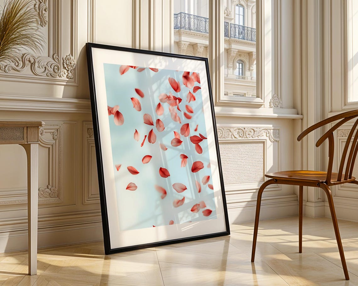 Falling Rose Petals Light Blue Romantic Floral Home Decor Print - Image 3