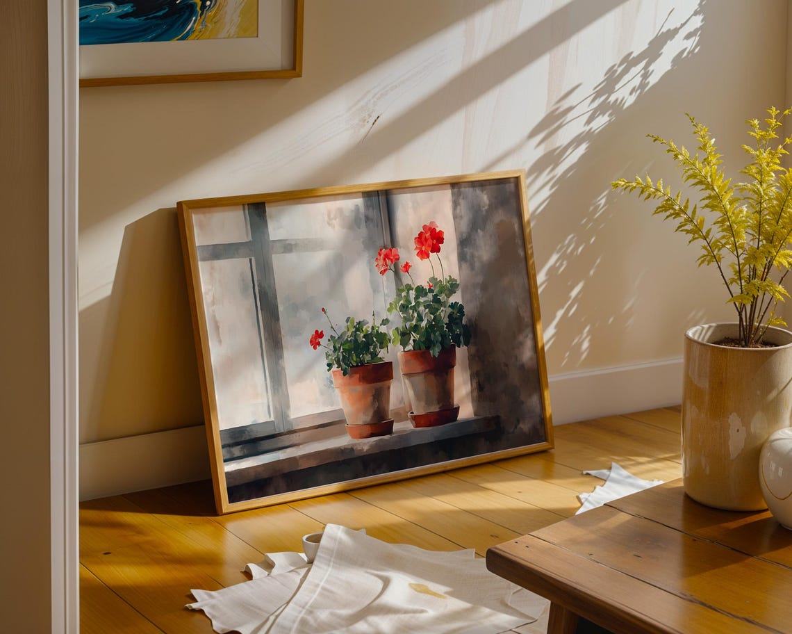 Red Geraniums Terracotta Pots Windowsill Watercolor Art Poster - Image 3