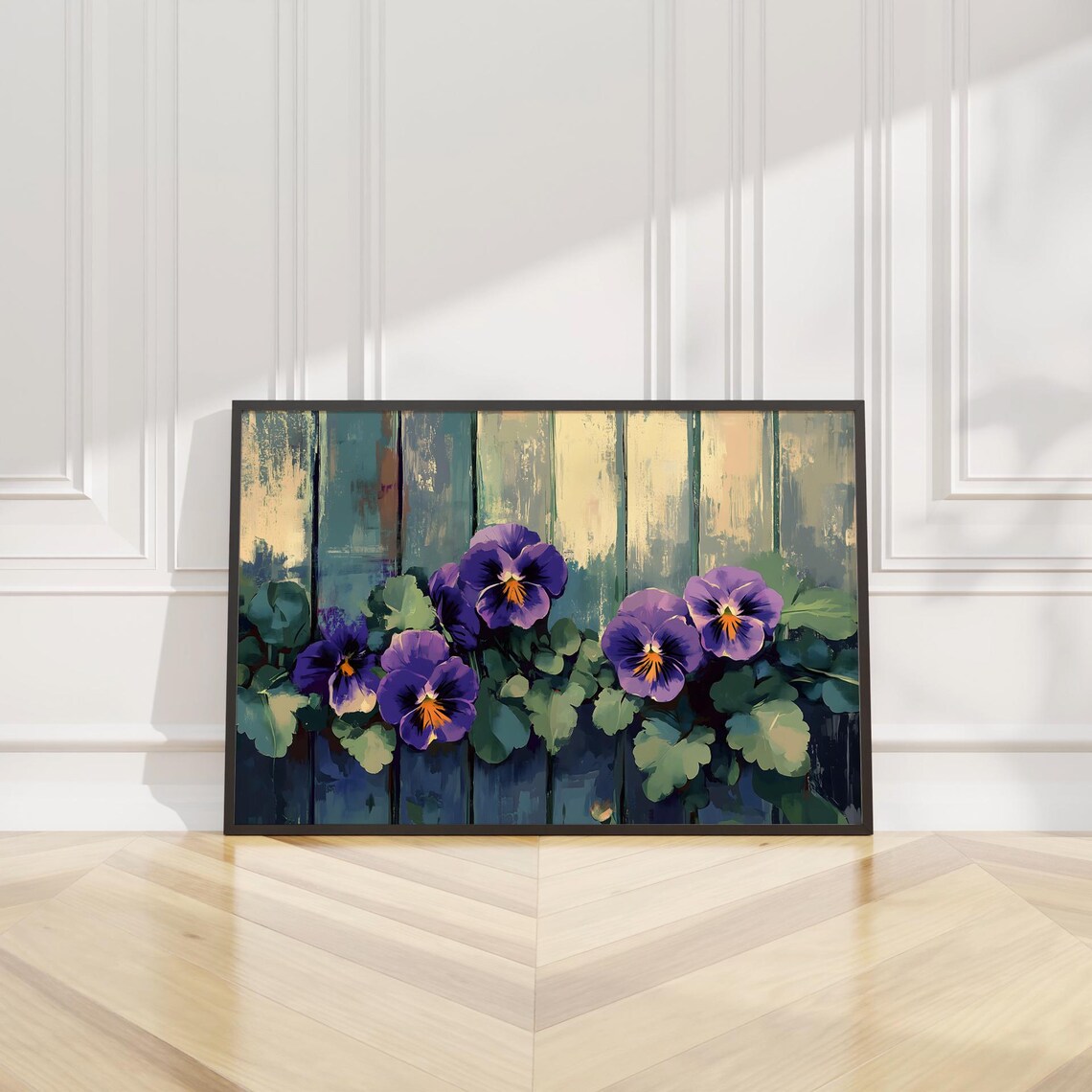 Purple Pansies Rustic Wooden Fence Vintage Garden Floral Wall Art