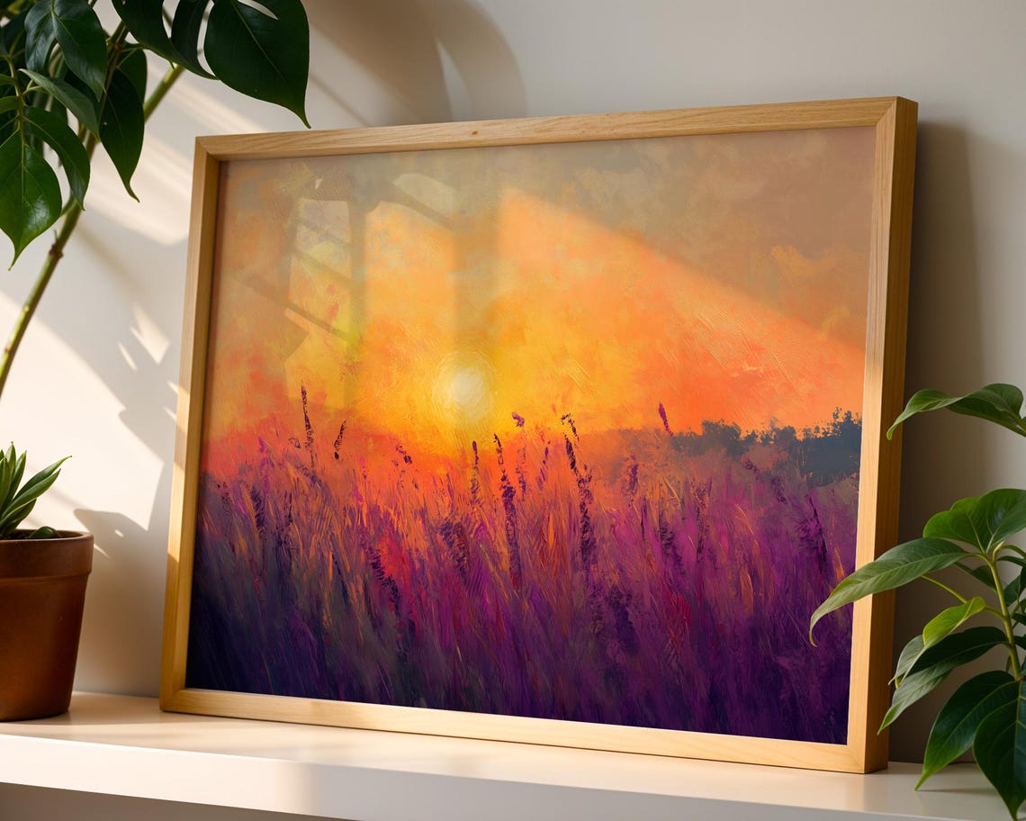 Lavender Field Sunset Floral Wall Art Print Oil Painting Purple Flower Landscape Nature Serene Home Decor Living Room Bedroom - Image 3