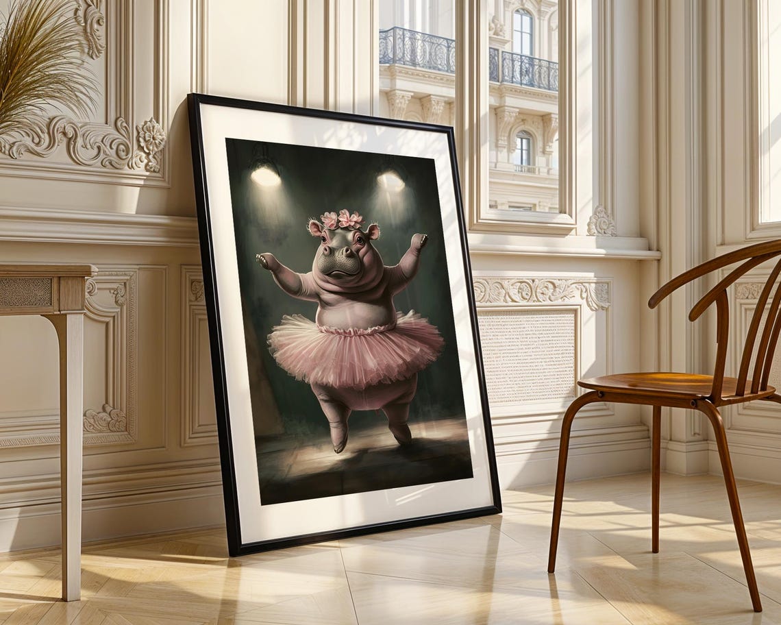 Whimsical Hippo Ballerina Pink Tutu Dance Art Trendy Wall Room Decor Print Poster Funny