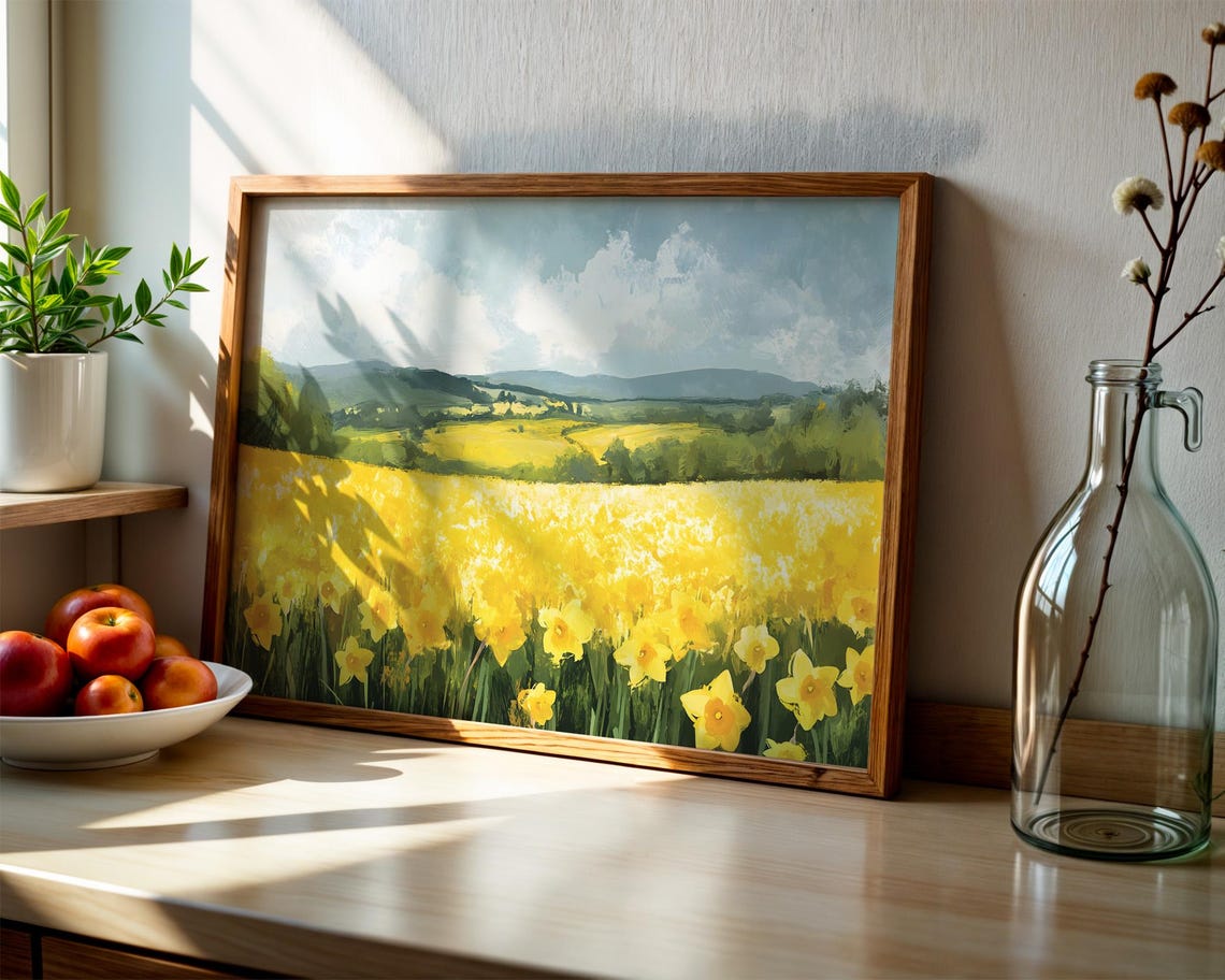 Endless Daffodil Field Under Bright Sky Cheerful Watercolor Poster - Image 2