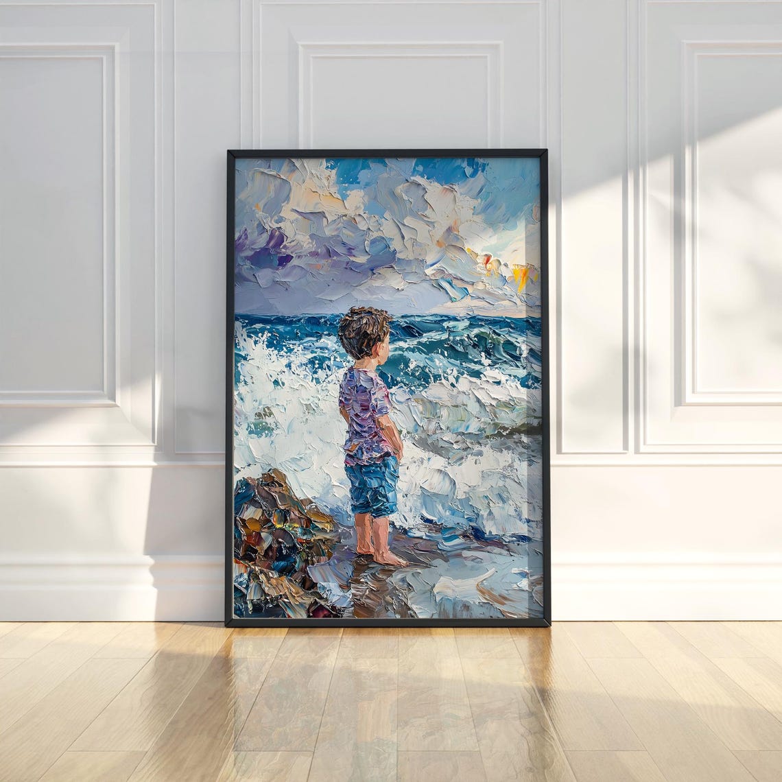 Boy Watching Ocean Waves Textured Impasto Coastal Oil Art Poster