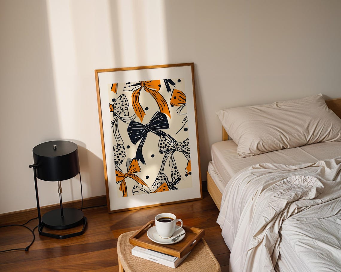 Retro Bow Pattern Orange Navy Polka Dot Vintage Girly Wall Art - Image 3