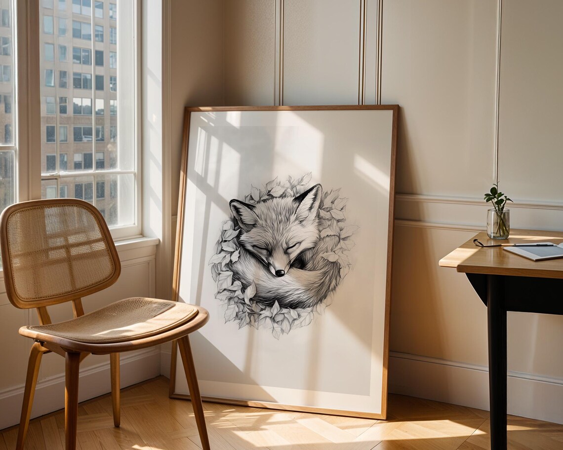 Sleeping Fox Leaf Wreath Monochrome Pencil Sketch Woodland Art Poster - Image 3