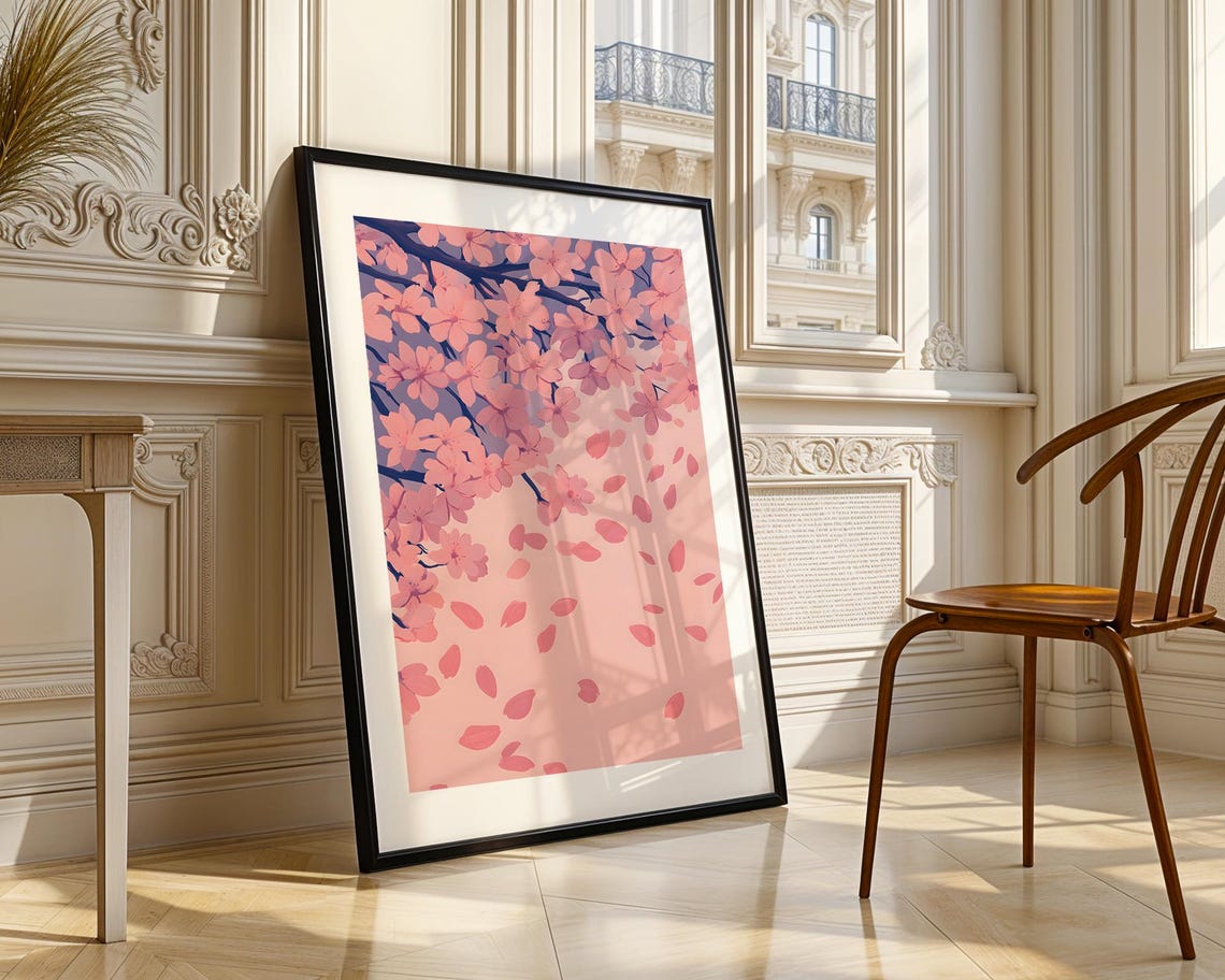 Pink Cherry Blossom Branch Art Poster with Falling Sakura Petals - Image 3