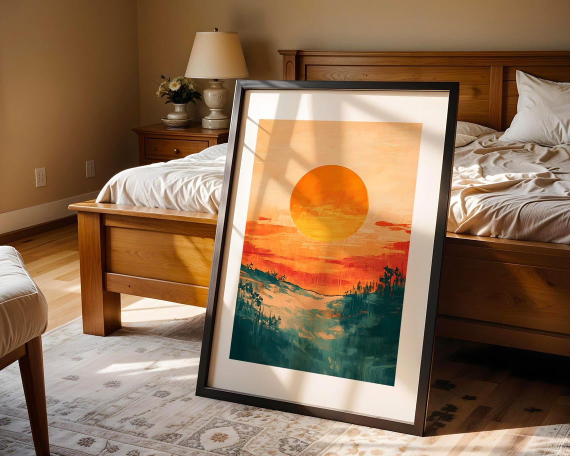 Giant Orange Sun Setting Over Abstract Teal Landscape Sunset Poster - Image 4