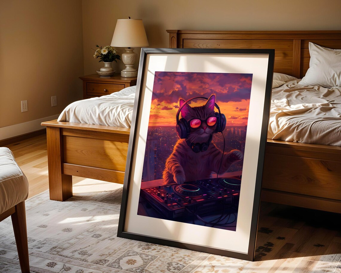 Cat DJ Wearing Headphones Over Sunset Skyline Electronic Music Poster - Image 5
