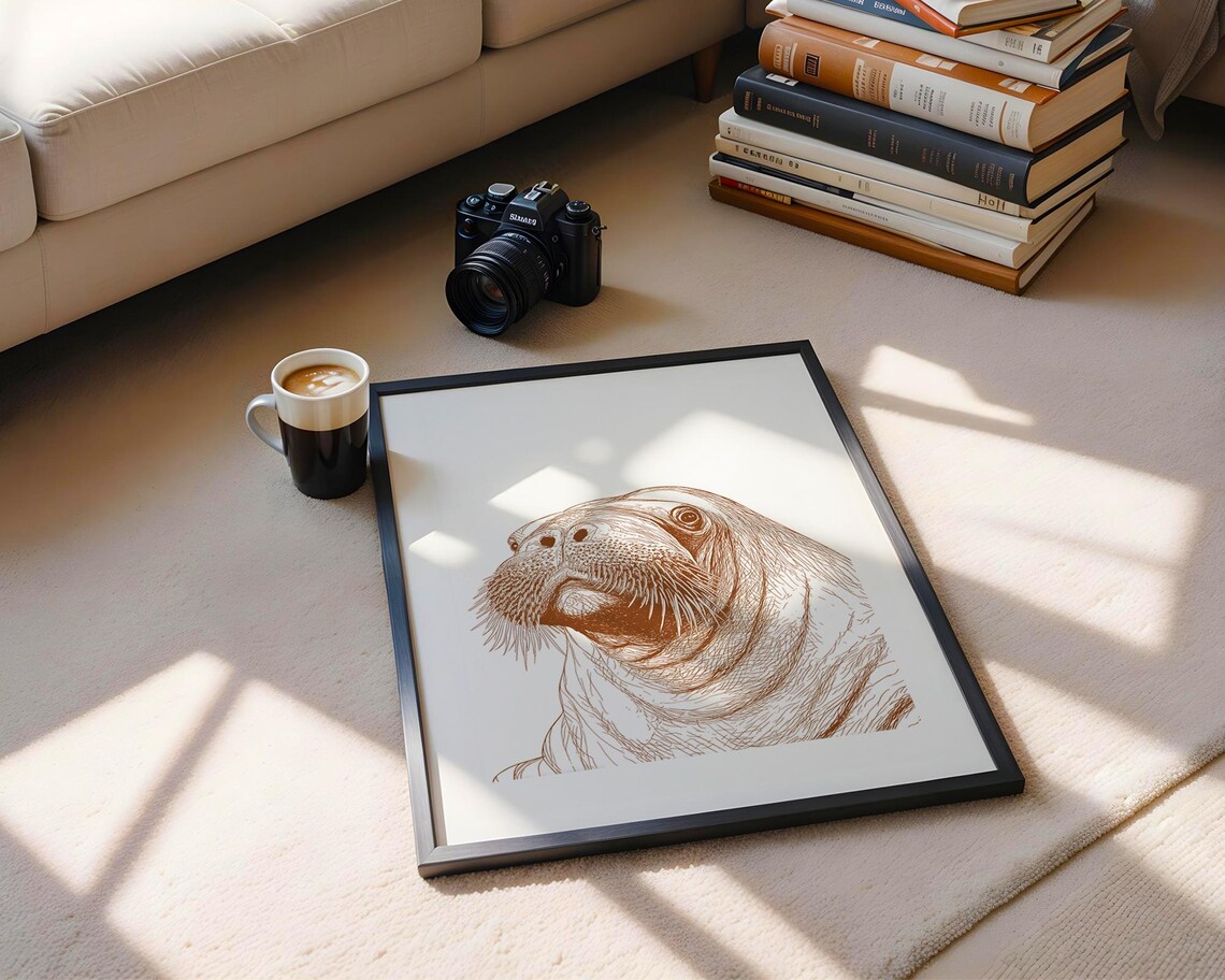 Hand Drawn Walrus Portrait Sepia Ink Line Art Sea Animal Sketch Poster - Image 6