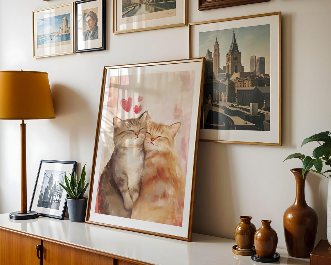 Two Cats Cuddling Pink Hearts Watercolor Cute Kitten Love Art Poster - Image 4