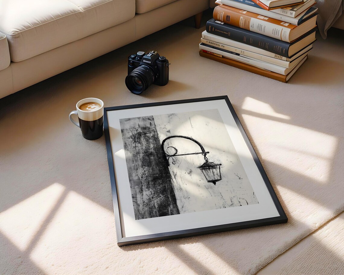 Vintage Street Lamp Charcoal Sketch Black and White Art Poster - Image 5