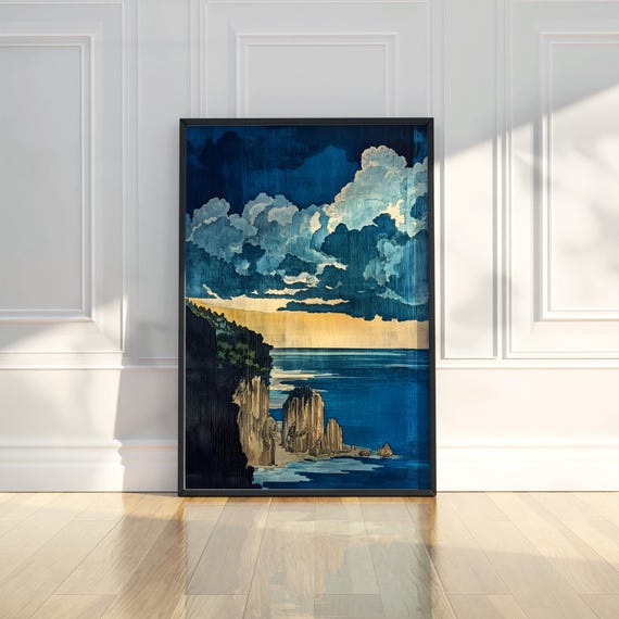 Intense Stormy Sky Ocean Landscape Art Print Dramatic Sea Cliffs Coastal Wall Modern Home Decor Moody Fine Gift