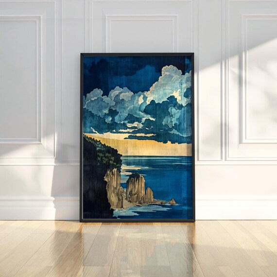 Stormy Ocean Cliffs Dramatic Seascape Woodblock Style Art Poster