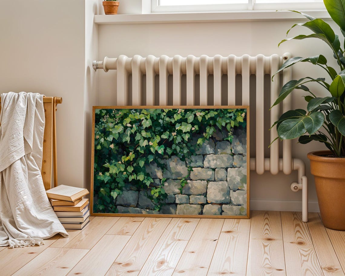 Green Ivy Cascading Over Rustic Stone Wall Botanical Art Poster - Image 5