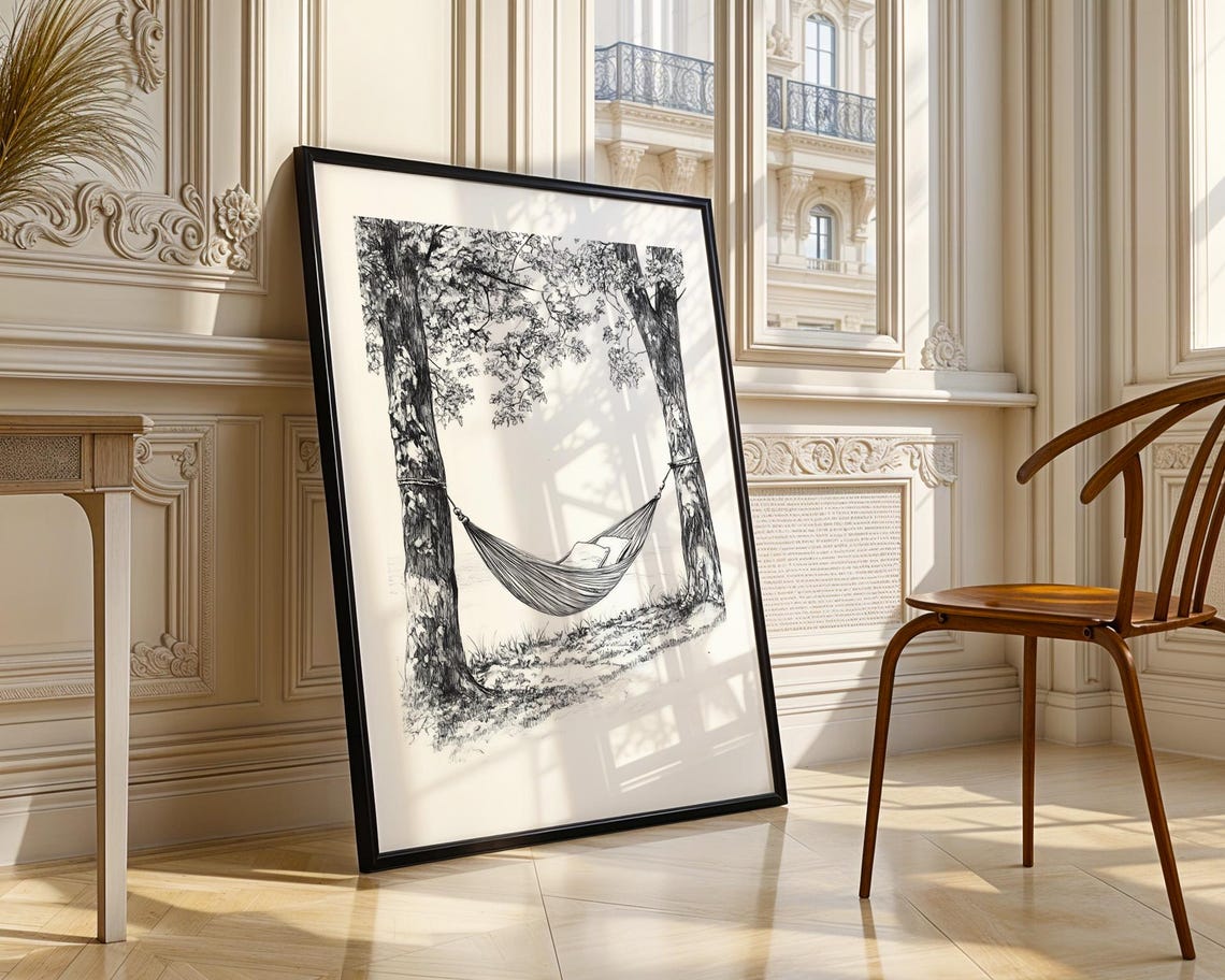 Hammock Between Two Trees Monochrome Sketch Relaxing Nature Art Poster