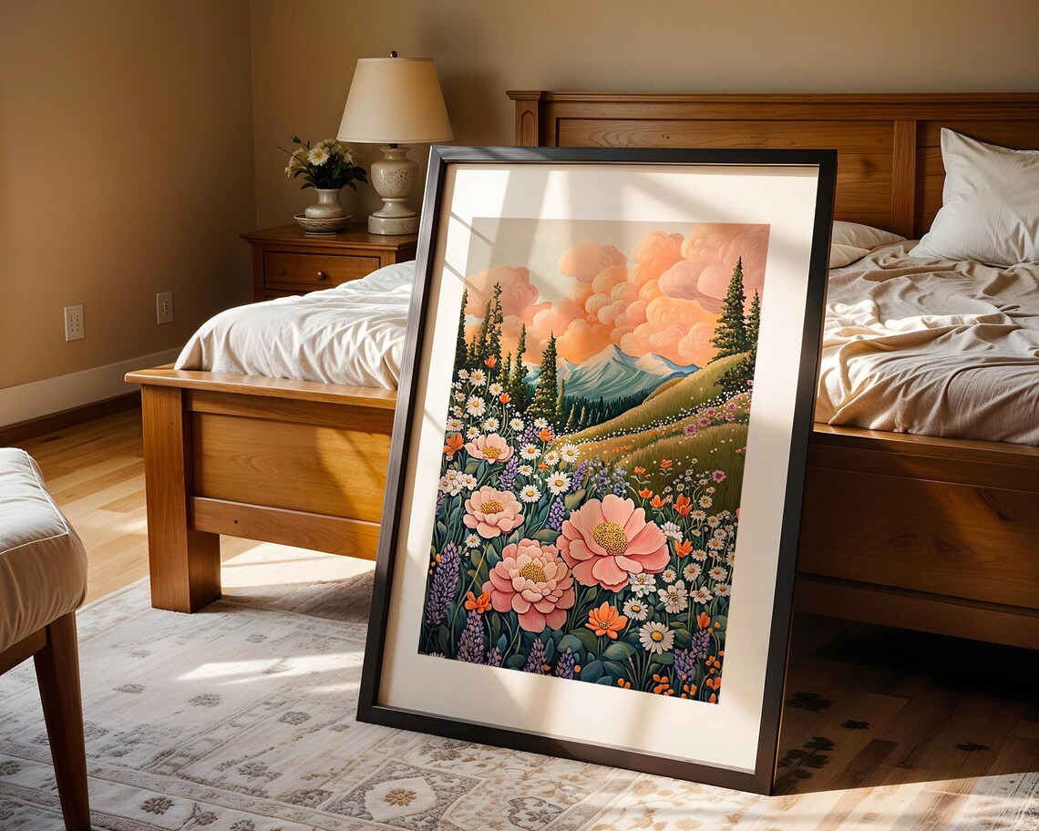 Colorful Alpine Wildflower Meadow Painting Poster with Sunset Clouds - Image 4
