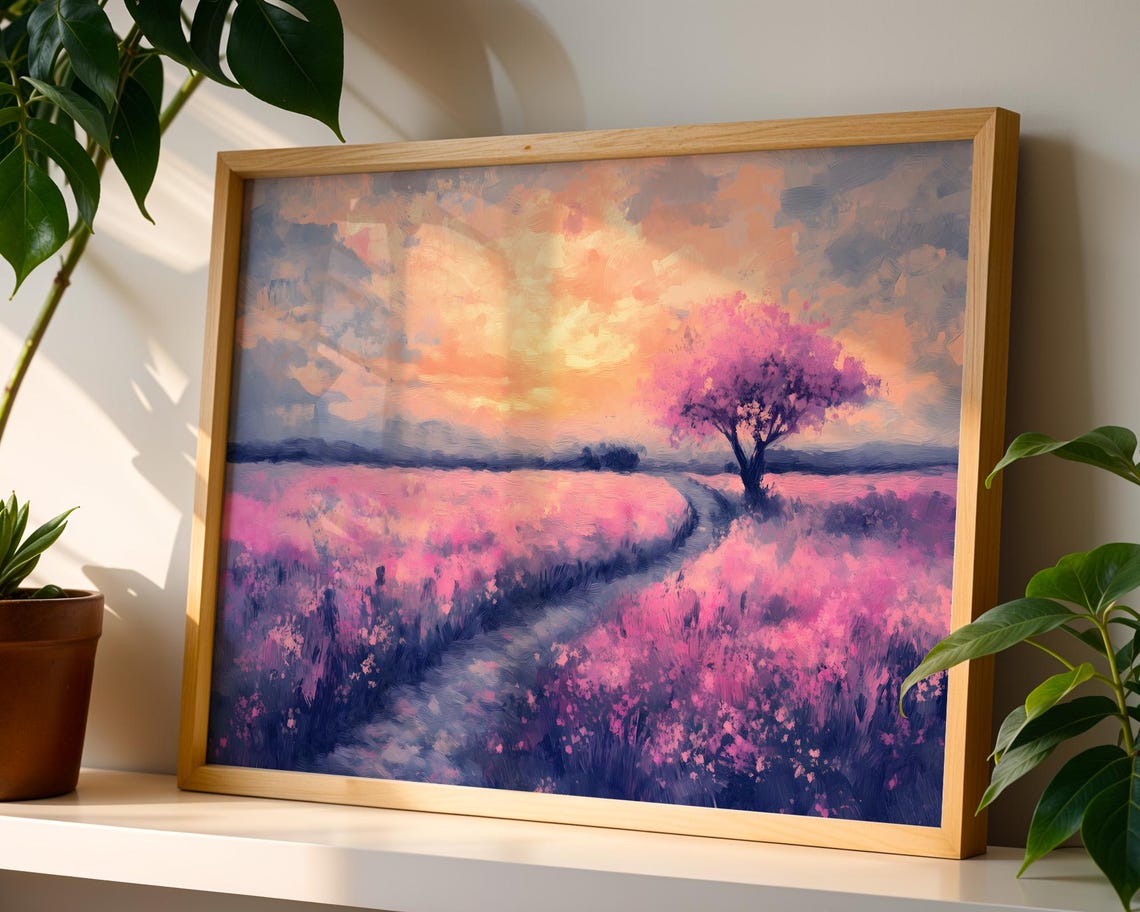 Pink Blossom Tree Winding Path Sunset Meadow Pastel Landscape Poster - Image 4
