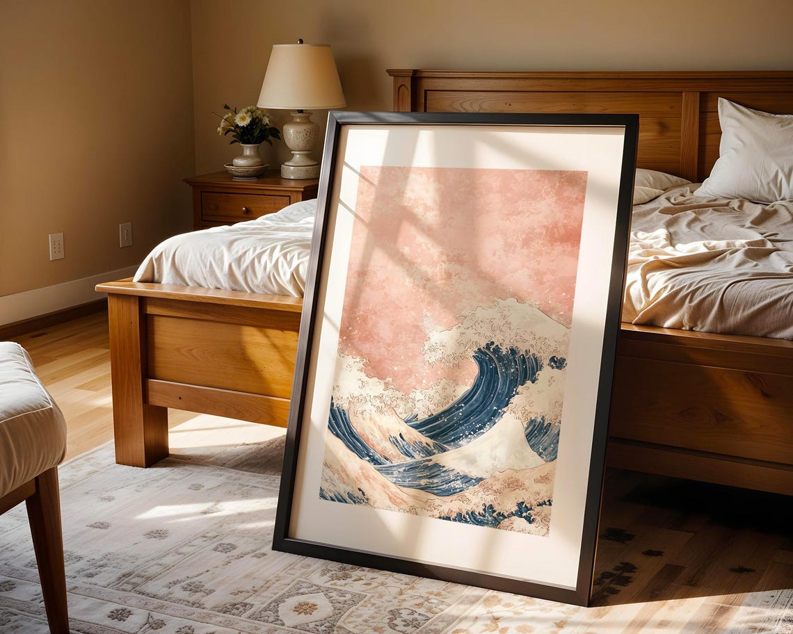Great Wave Japanese Ocean Pink Sky Classic Art Reimagined Poster