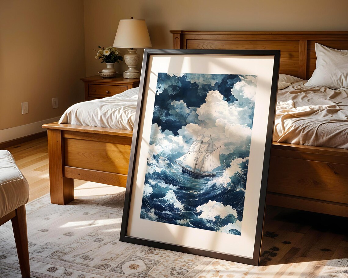 Tall Sailing Ship On Stormy Ocean Waves Watercolor Painting Poster - Image 5