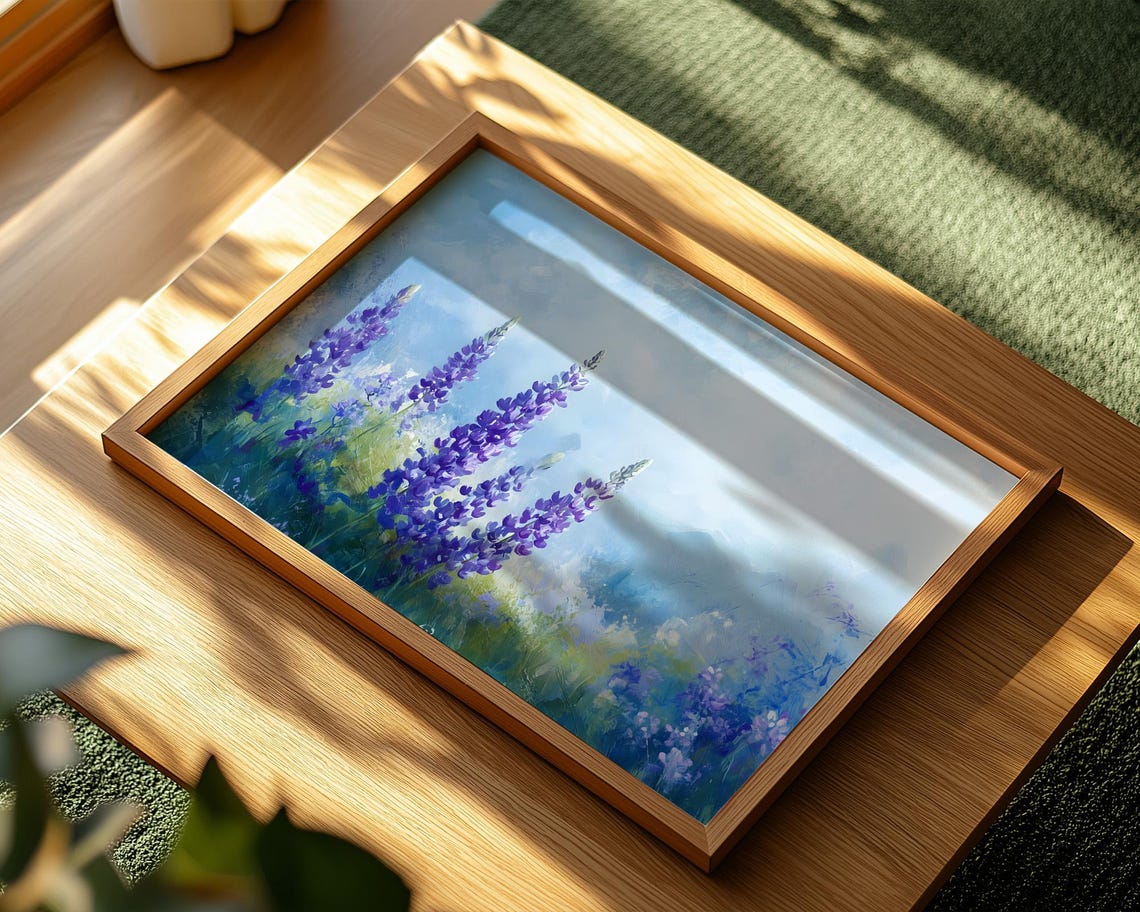 Tall Purple Lupines Blue Sky Impressionist Wildflower Meadow Poster - Image 2