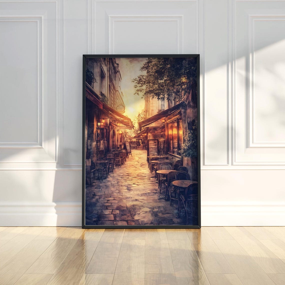 Romantic Vintage European Street Cafe Sunset Alley Scene Poster