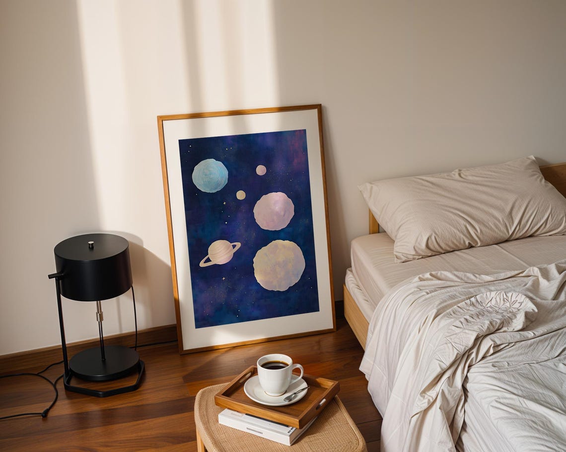 Dark Blue Abstract Nursery Space Planets Stars Night Sky Poster - Image 2