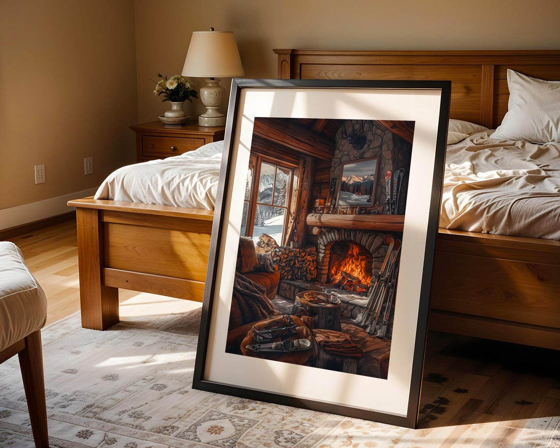 Cozy Winter Ski Cabin Fireplace Mountain View Illustration Poster - Image 4