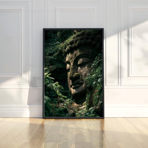 Ancient Moss Covered Buddha Head Zen Jungle Statue Photo Poster