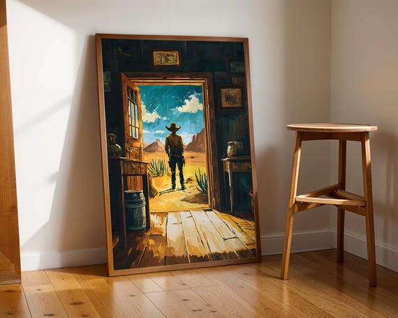 Cowboy Doorway Wall Art Western Rustic Scene Desert Illustration Country Home Decor Print Trendy Poster Artwork