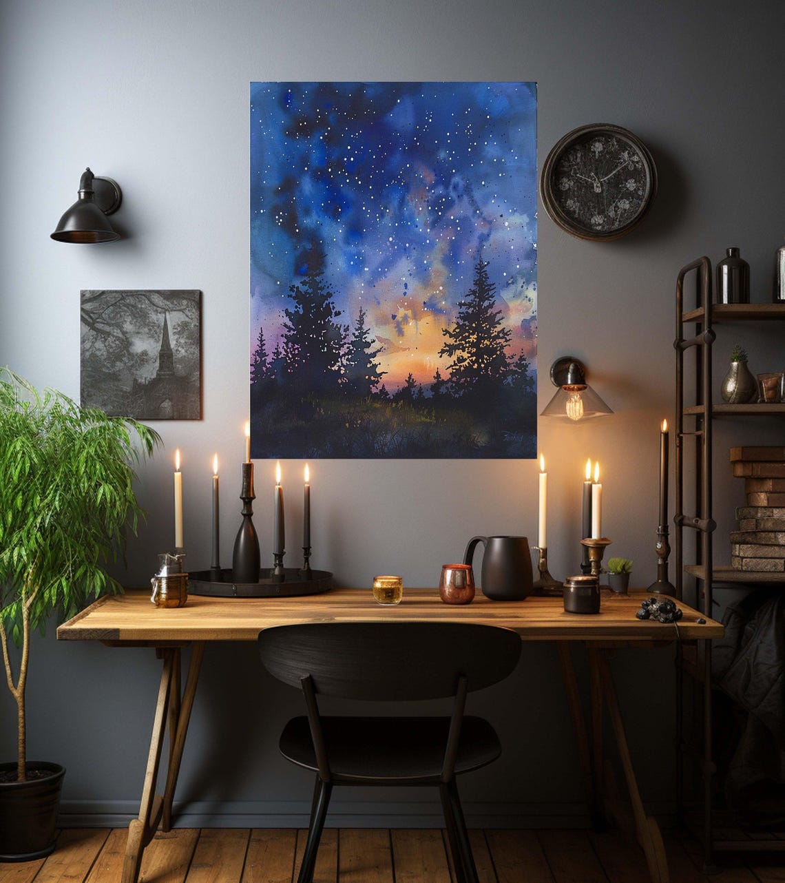 Dusk Starry Sky Over Pine Trees Orange Horizon Watercolor Poster - Image 4
