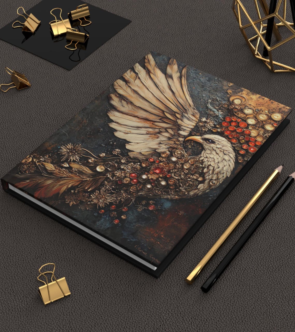 Majestic White Eagle Gemstone Steampunk Hardcover Journal Art Print - Image 4
