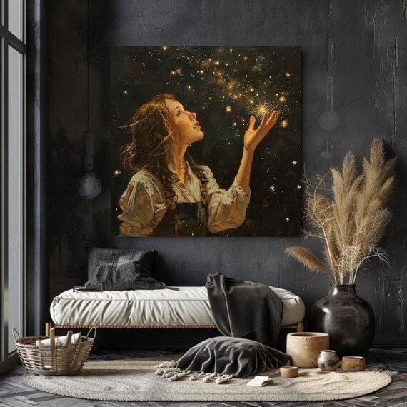 Mystical Woman Reaching for Golden Stardust in Night Sky Art Poster