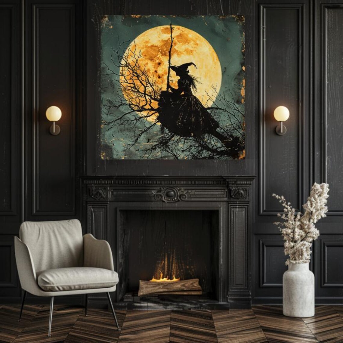 Witch Flying on Broomstick Across Giant Harvest Moon Vintage Poster - Image 3
