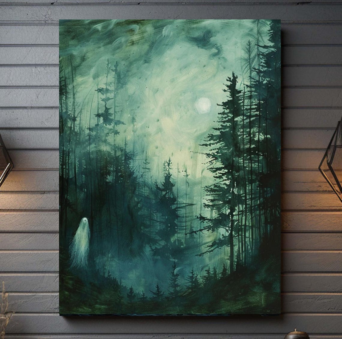 Lonely White Ghost in Misty Green Forest Moody Ghostcore Poster