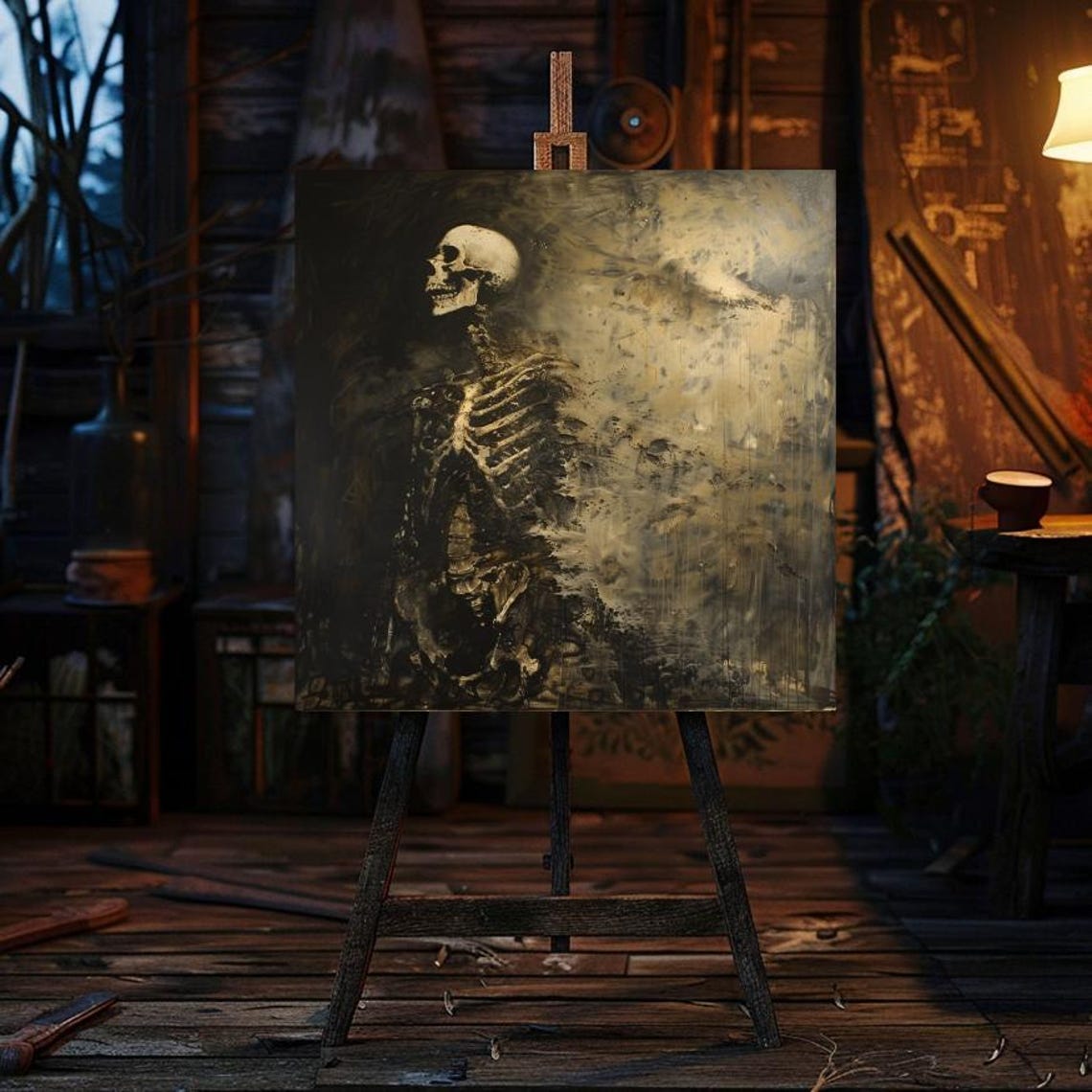Eerie Golden Skeleton Emerging From Darkness Gothic Skull Art Poster - Image 4