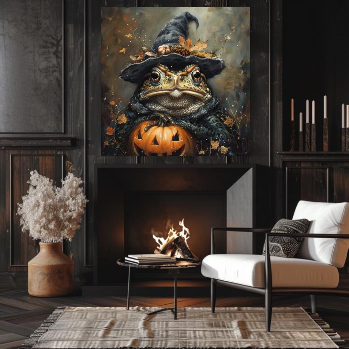 Cute Toad in Witch Hat Holding Pumpkin Halloween Animal Art Poster - Image 3